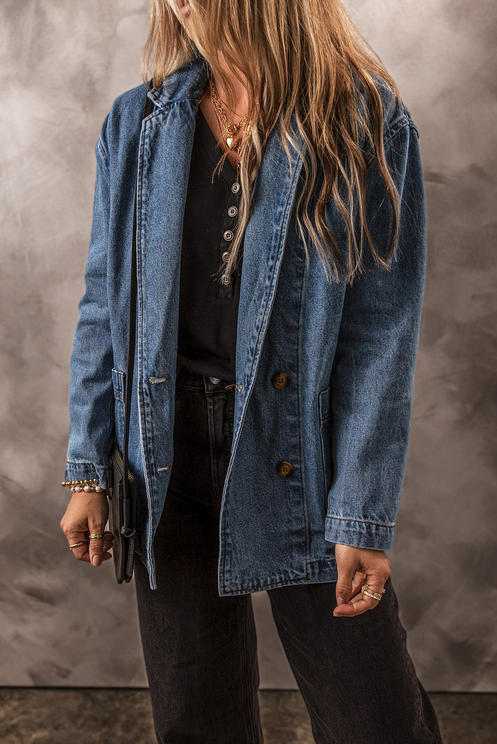 Segelblaue Jeansjacke mit Seitentaschen und Reverskragen