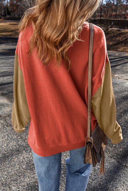Gold Flame Zweifarbiges Patchwork-Pullover-Sweatshirt mit überschnittener Schulter