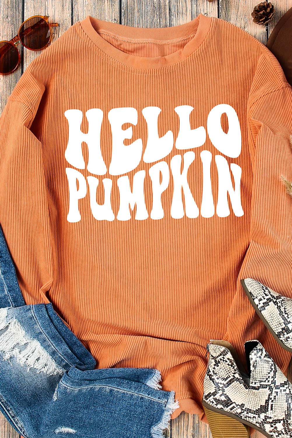 Oranges Sweatshirt mit „HELLO PUMPKIN“-Buchstabengrafik