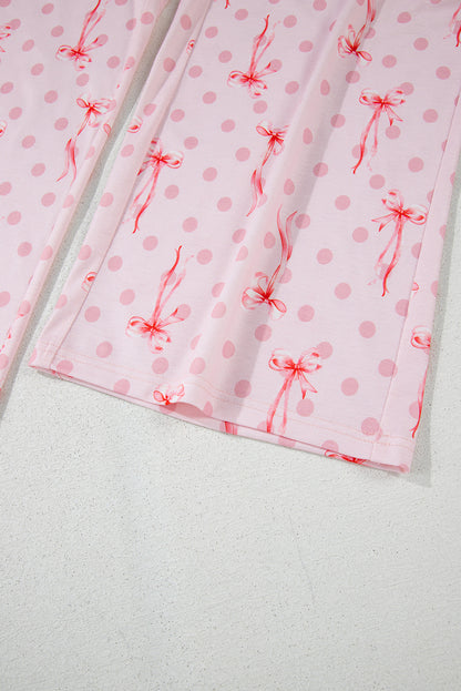 Rosa Lounge-Set mit kurzärmligem Oberteil und Schleife und Punktemuster