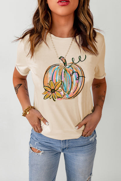 Khakifarbenes T-Shirt mit Kürbis- und Blumengrafik