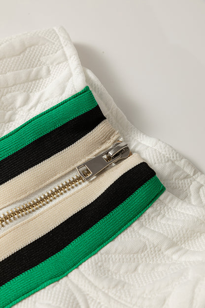 White Jacquard Textured Quarter Zipper Shift Mini Dress