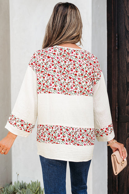 Red Floral Print Gauze Patchwork Henley Button 3/4 Sleeve Blouse