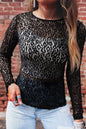 Black Leopard Pattern Sheer Mesh Long Sleeve Top