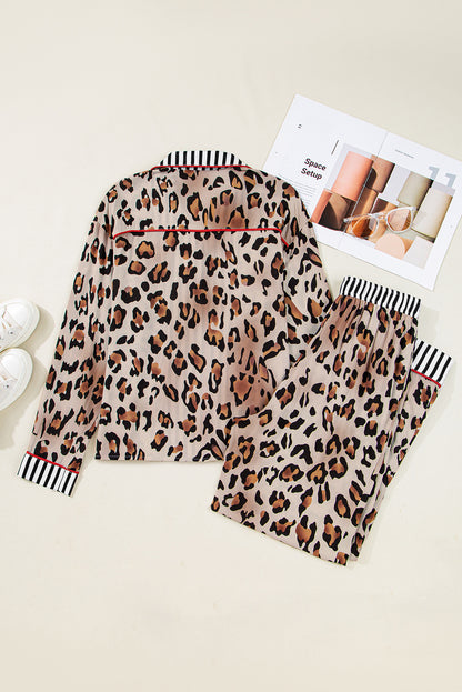 Khaki Leopard Print Colorblock Striped Edge Shirt and Pants Pajama Set