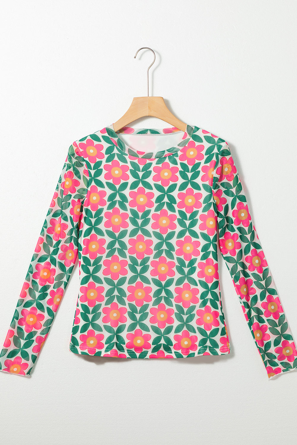 Feurig rotes, dehnbares Langarm-Top mit Retro-Blumendruck