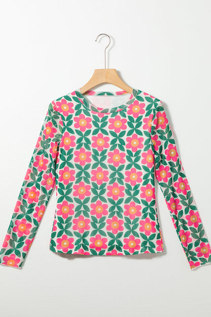 Feurig rotes, dehnbares Langarm-Top mit Retro-Blumendruck