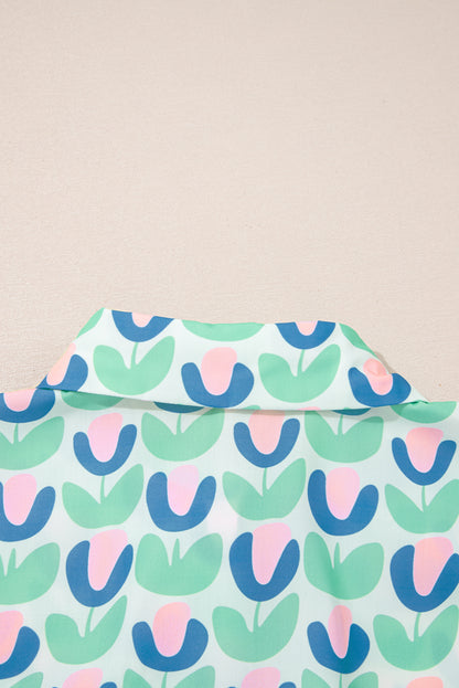 Green Floral Print Notched Neck Scalloped Detail Long Sleeve Mini Dress