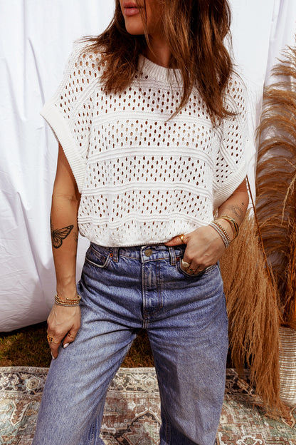 White Hollow Out Knit Round Neck Dolman Sweater