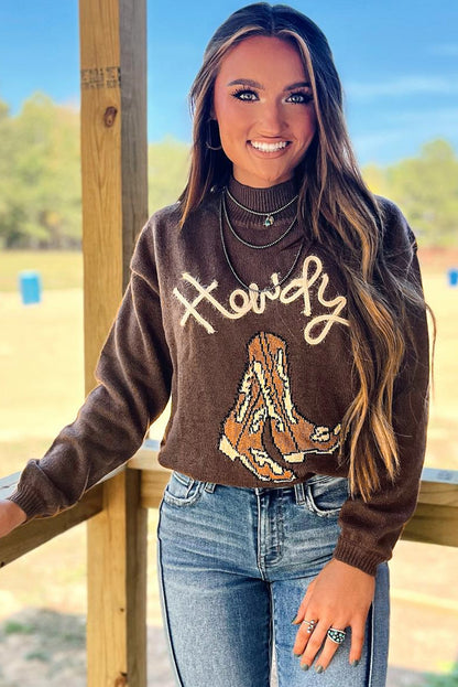 Kaffeefarbener Westernpullover mit Howdy Boot-Grafik und hohem Kragen