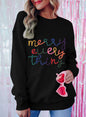 Schwarzes Sweatshirt mit „Merry Every Thing“-Lametta-Slogan
