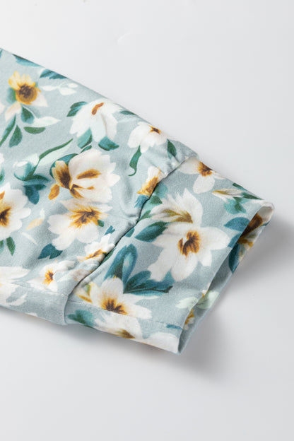 Parchment Twist Ribbed Floral Contrast Patchwork Long Sleeve Top