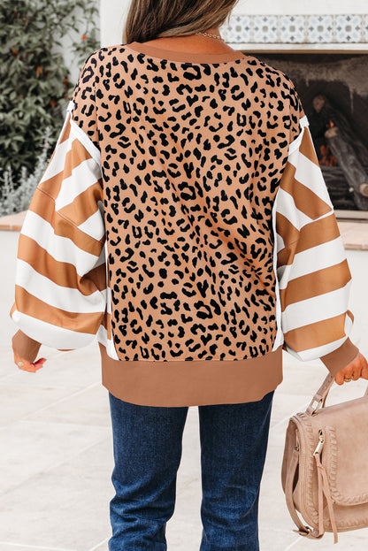 Khaki Stripe Color Block Patchwork Leopard Casual Sweatshirt with Slits