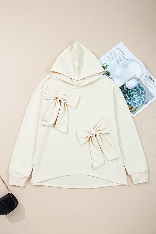 White Solid Color Cute Bow Detail Loose Hoodie