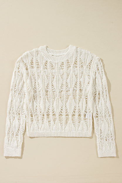 Weißer, locker sitzender Pullover mit Rundhalsausschnitt und Häkelmuster