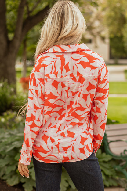 Orange Botanical Print Single Chest Pocket Button Up Shirt