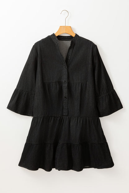 Schwarzes Chambray-Minikleid mit Rüschen, 3/4-Ärmeln, Stufen und V-Ausschnitt
