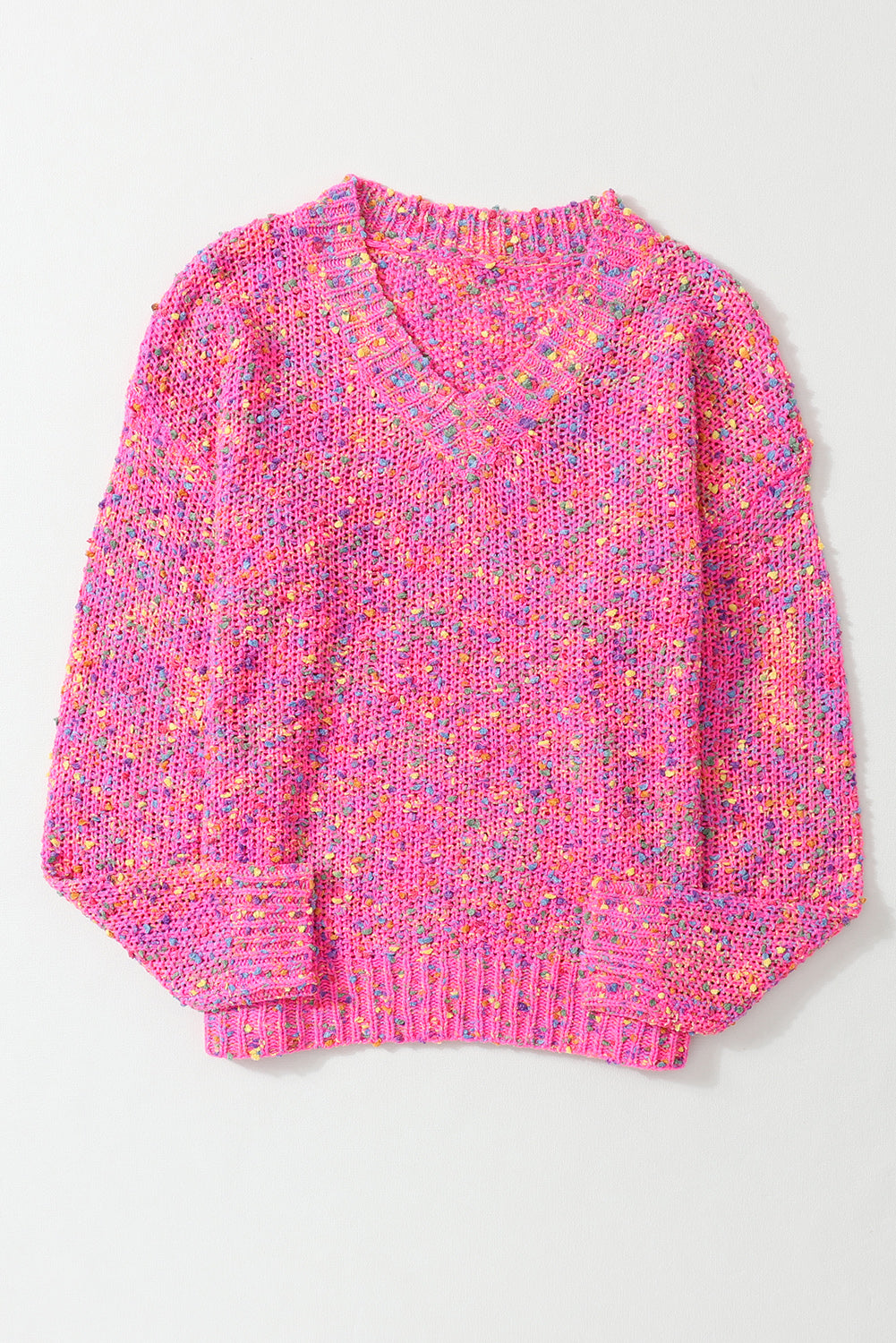 Dunkelrosa bunt gepunkteter Strickpullover mit V-Ausschnitt