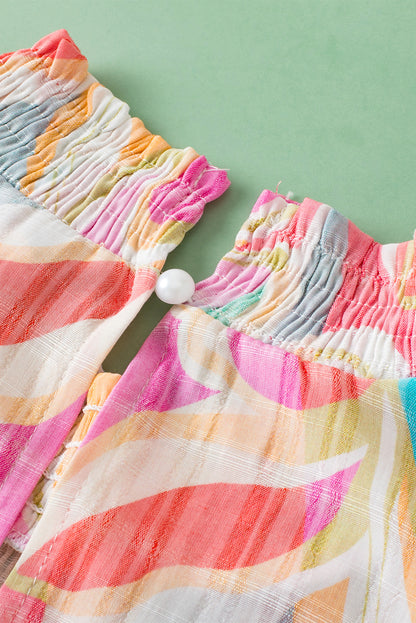 Gelbe Bluse mit abstraktem Print, gesmoktem Kragen und Rüschenärmeln