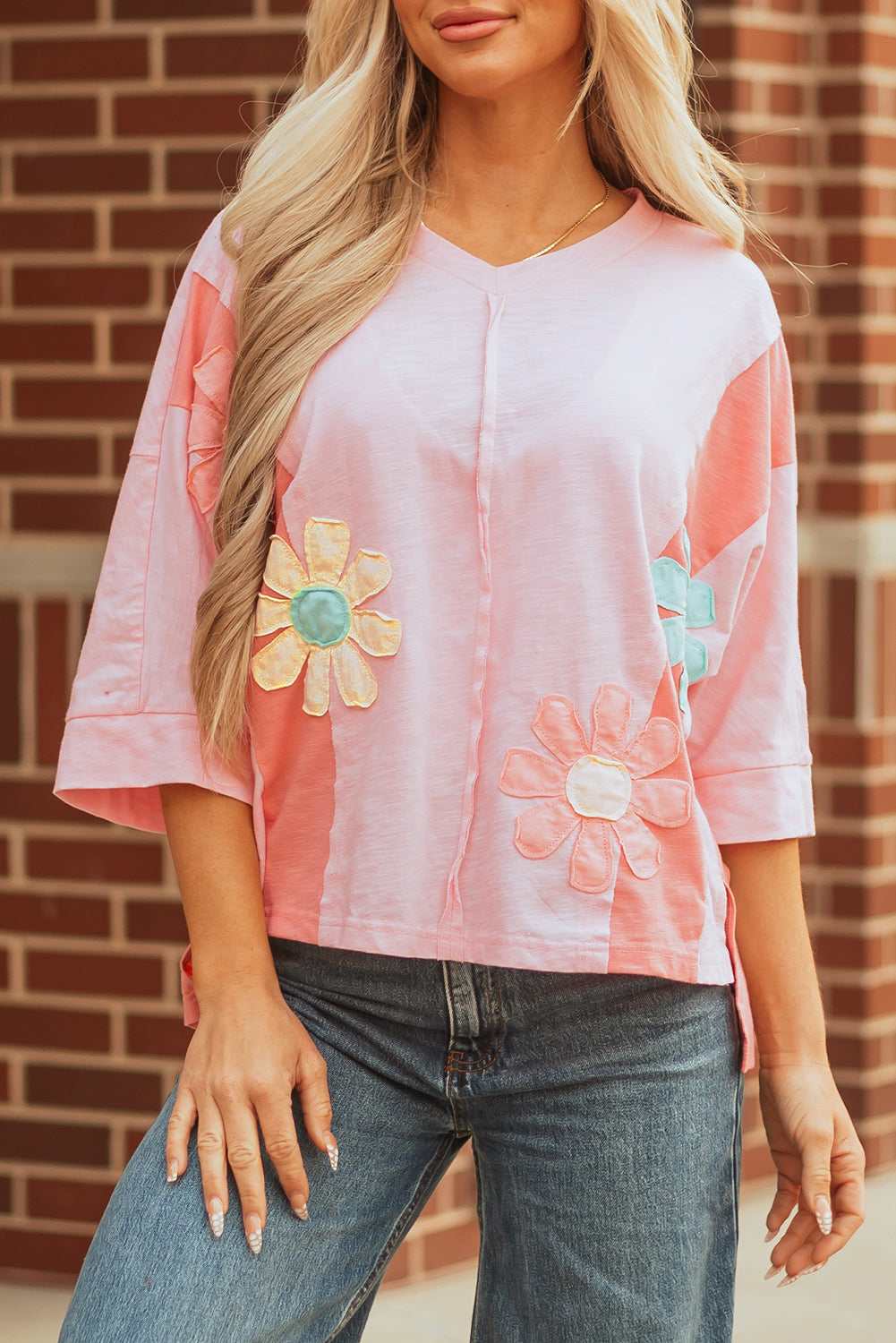Pink Flower Patched Exposed Seam Bracelet Sleeve Oversized T Shirt