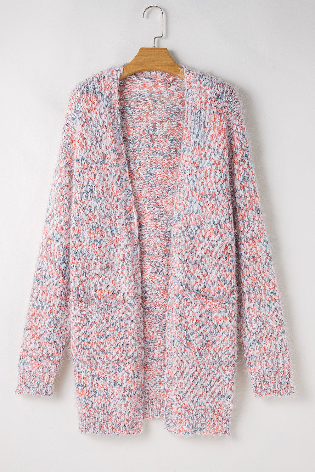 Rosa, mehrfarbige Strickjacke mit offener Vorderseite und Konfetti