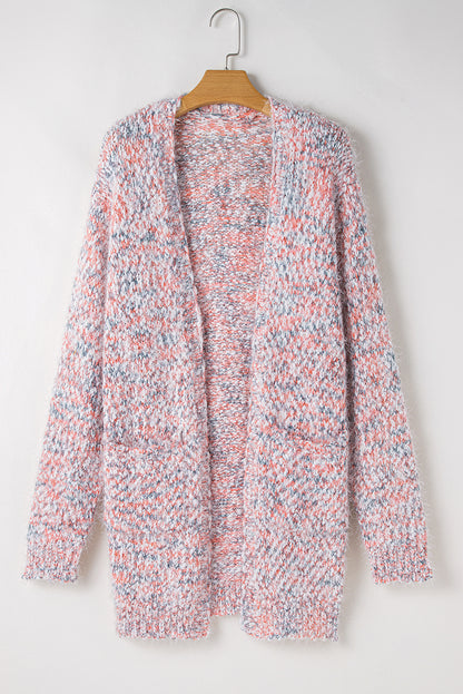 Rosa, mehrfarbige Strickjacke mit offener Vorderseite und Konfetti