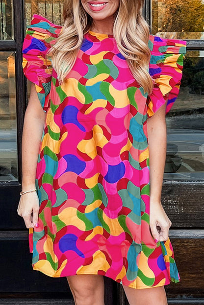 Rosarotes Etuikleid mit abstraktem Print und Rüschenärmeln