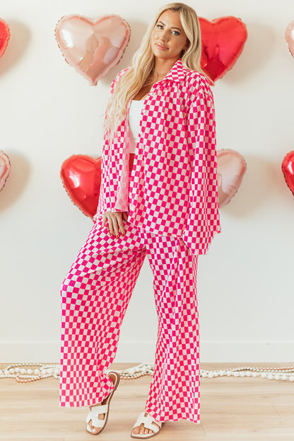 Rosa Pyjama-Set mit kariertem Hemd mit Knöpfen und hoch taillierter Hose
