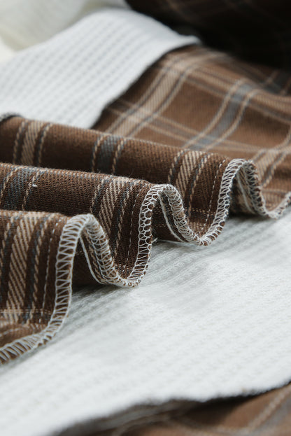 White Waffle Patch Plaid Sleeve Kangaroo Pocket Hoodie