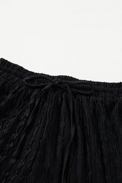 Black Frill Textured Short Sleeve Top and Drawstring Shorts Set