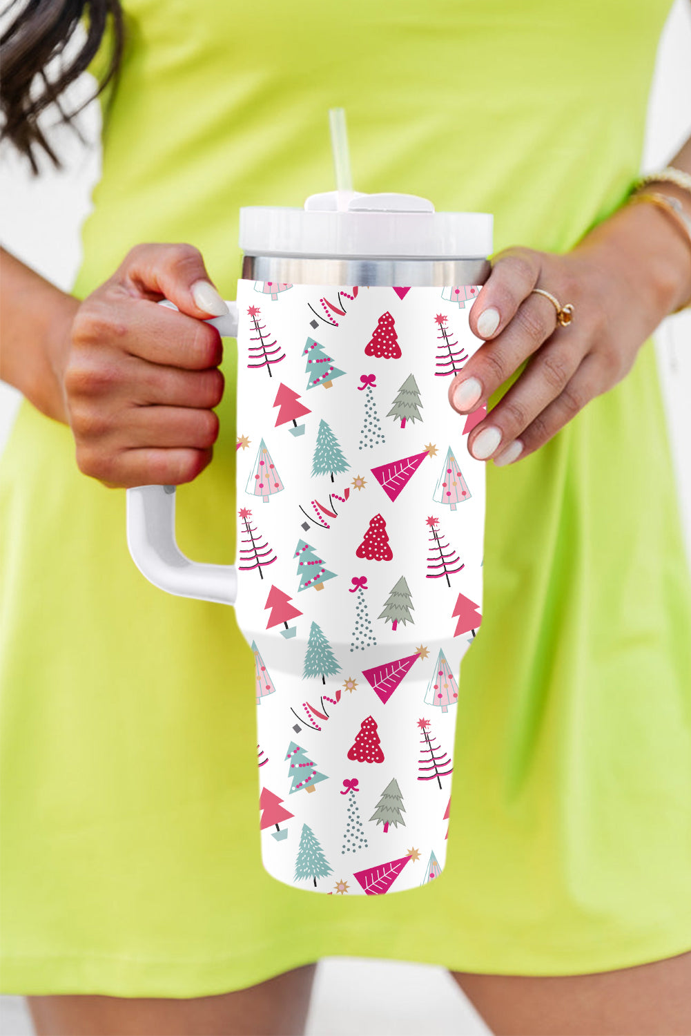 Weißer Thermobecher mit Cartoon-Weihnachtsbaum-Aufdruck, 1,2 l