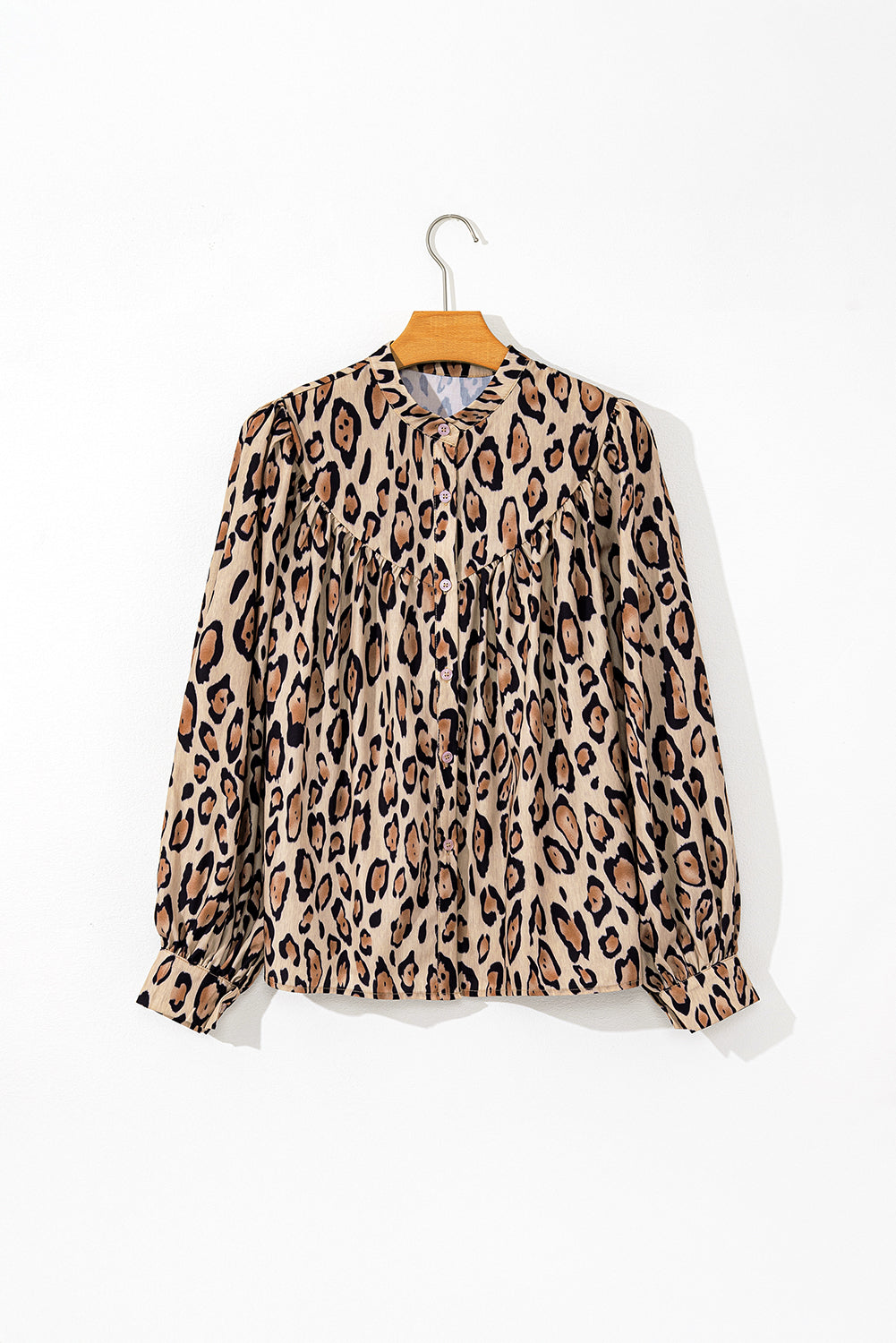 Helles französisches Beige, Oversize-Freizeithemd mit Ballonärmeln und Leopardenmuster