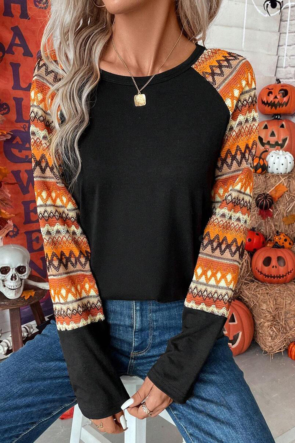 Oranges Raglan-Patchwork-Langarm-T-Shirt mit Geo-Print