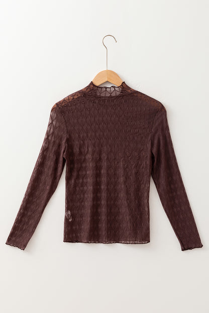 Kaffeebraunes, schmales Langarm-Top mit transparentem Netzstoff und gemustertem Saum