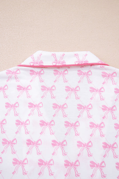 Pink Bow Print Long Sleeve Shirt and Pants Soft Pajama Set