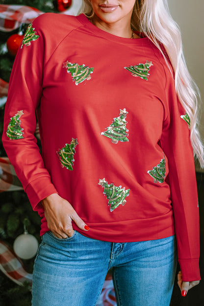 Feurig-rotes Pailletten-Sweatshirt mit Weihnachtsbaum und Raglanärmeln
