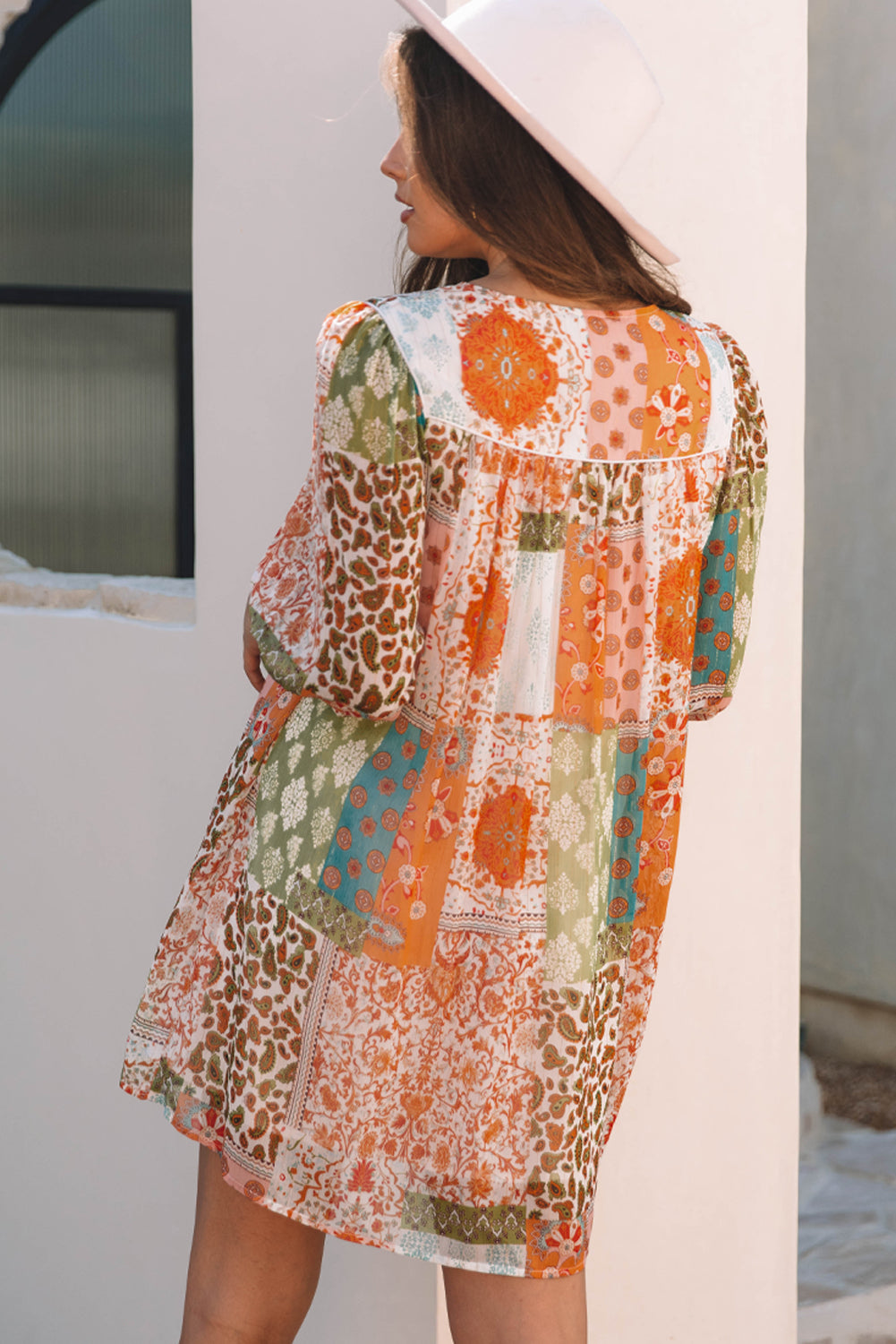 Oranges Boho Paisley Mix Print 3/4 Ärmel Chiffon Lockeres Kleid