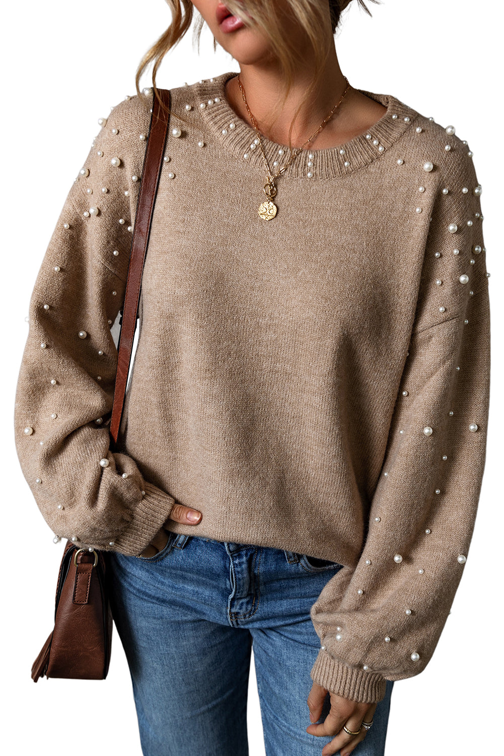 Rauchgrauer Pullover mit Perlenbesatz und überschnittener Schulterpartie und Rundhalsausschnitt