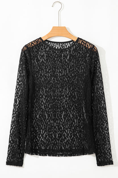 Black Leopard Pattern Sheer Mesh Long Sleeve Top