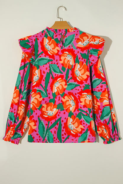 Bluse mit Rundhalsausschnitt und Rosen-Blumendruck und Rüschen