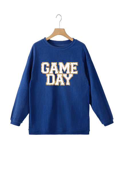 Dunkelblaues GAME DAY-Sweatshirt mit Glitzerdetail und überschnittener Schulterpartie