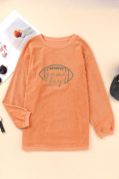 Orange Rugby Game Day Embroidered Corduroy Sweatshirt