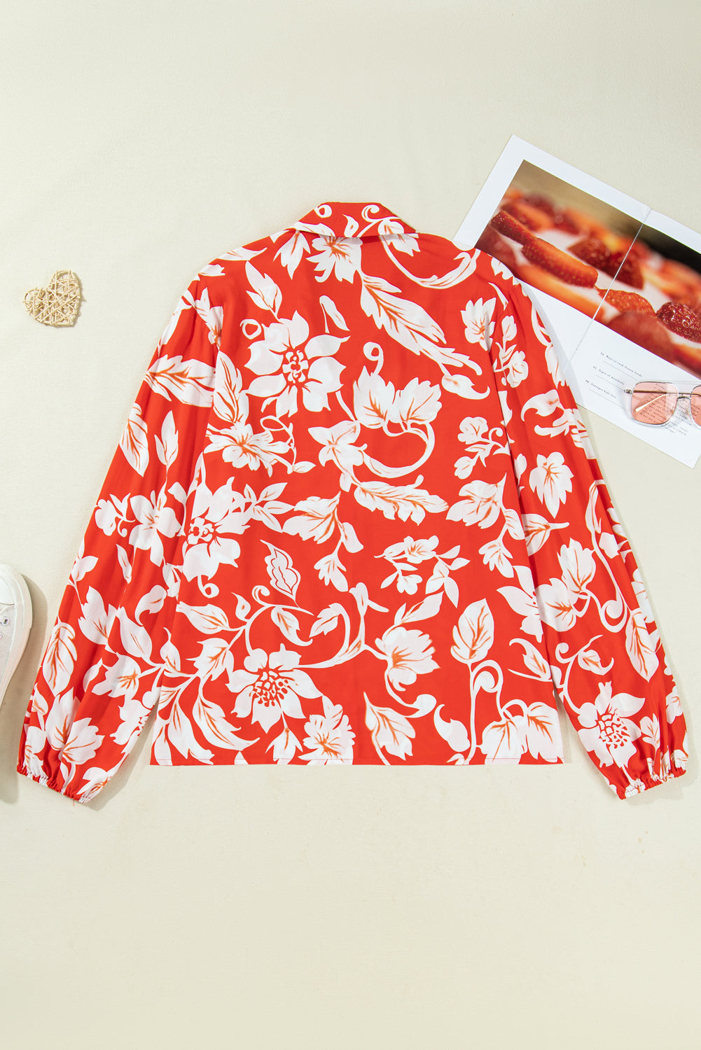 Red Plus Size Floral Print Loose Button Up Shirt