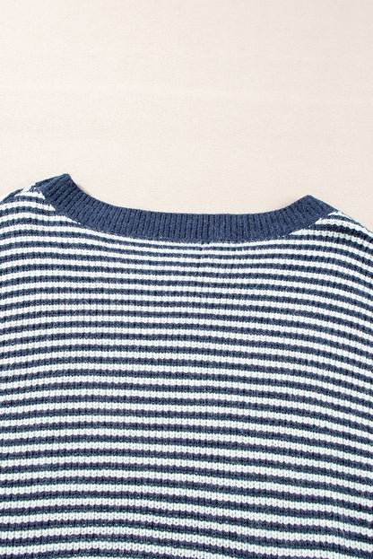 Segelblau gestreifter Pullover mit Laternenärmeln und überschnittener Schulter