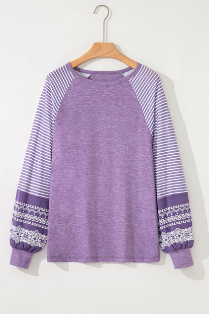 Tillandsia Purple Contrast Print Striped Raglan Long Sleeve Loose Top