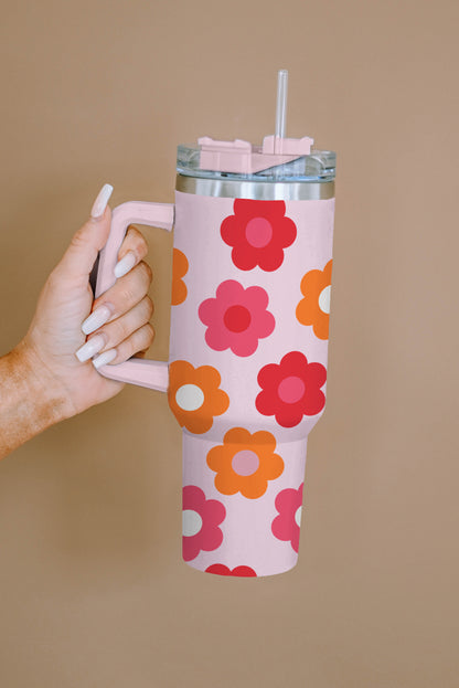 Vakuumbecher aus Edelstahl mit mehrfarbigem Blumendruck und Griff, 40 oz