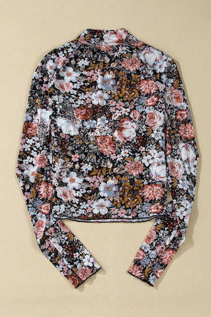 Braune, florale, langärmlige Etui-Bluse aus Netzstoff mit hohem Halsausschnitt