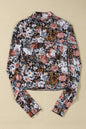 Braune, florale, langärmlige Etui-Bluse aus Netzstoff mit hohem Halsausschnitt