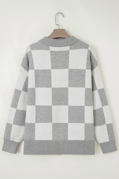 Gray Plus Size Checkered Pattern Button Polo Collar Split Sweater
