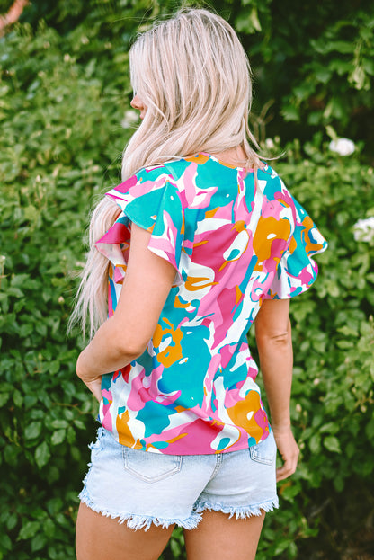 Mehrfarbige Bluse mit abstraktem Print, gekerbtem Ausschnitt und flatternden Ärmeln